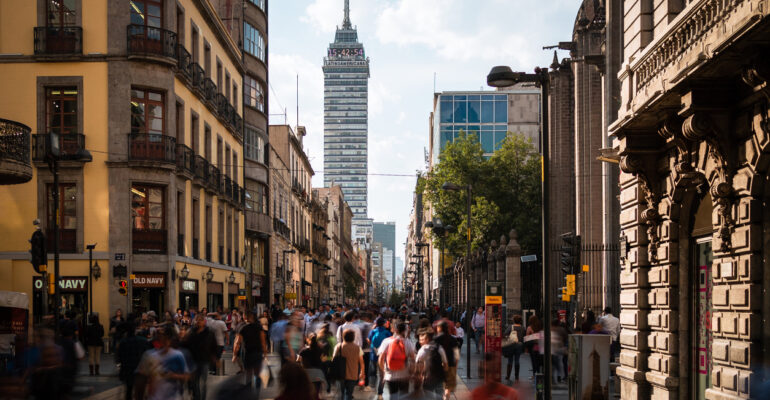 Pedestrians on Famous Madero Walking Street in the Historic Center of Mexico City, Mexico