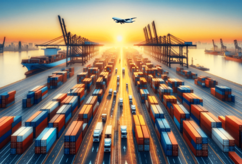 DALL·E-2024-01-14-14.35.41-Create-an-image-depicting-a-bustling-industrial-port-during-sunrise.-The-scene-should-feature-a-wide-array-of-colorful-shipping-containers-stacked-hig