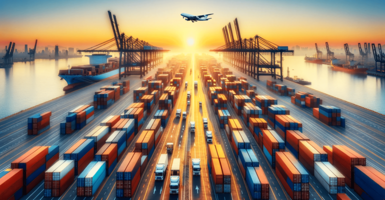 DALL·E-2024-01-14-14.35.41-Create-an-image-depicting-a-bustling-industrial-port-during-sunrise.-The-scene-should-feature-a-wide-array-of-colorful-shipping-containers-stacked-hig